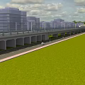 Elevated Road Infrastructure With Street Lamps Vehicles Green Grassland And High Rise Buildings