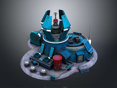 Futuristic Sci Fi Building Exterior With Blue Circular Base Antenna And Red Equipment 3d model