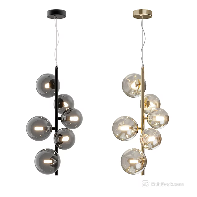 Elegant Modern Chandeliers With Multiple Spherical Bulbs And Black Gold Frames 3d model