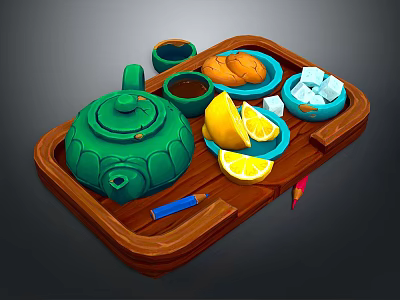 Wooden Tray Setup With Green Teapot Small Bowls Bread Lemon Slices And Sugar Cubes 3d model