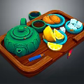 Wooden Tray Setup With Green Teapot Small Bowls Bread Lemon Slices And Sugar Cubes