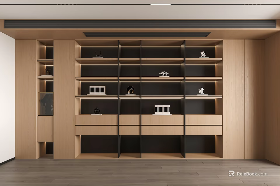 Modern Open Bookcase Design With Multiple Shelves Drawers And Light Wood Finish 3d model 