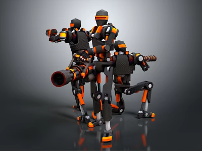 Three Black And Orange Robots With Mechanical Structure Holding Weapons Together 3d model