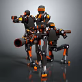 Three Black And Orange Robots With Mechanical Structure Holding Weapons Together