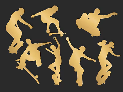 Group of People Performing Skateboarding Moves As Golden Silhouettes On Black Background 3d model