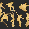 Group of People Performing Skateboarding Moves As Golden Silhouettes On Black Background