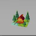 Wooden Cabin with Red Roof Chimney Surrounded by Green Pine Trees Pond and Pathway