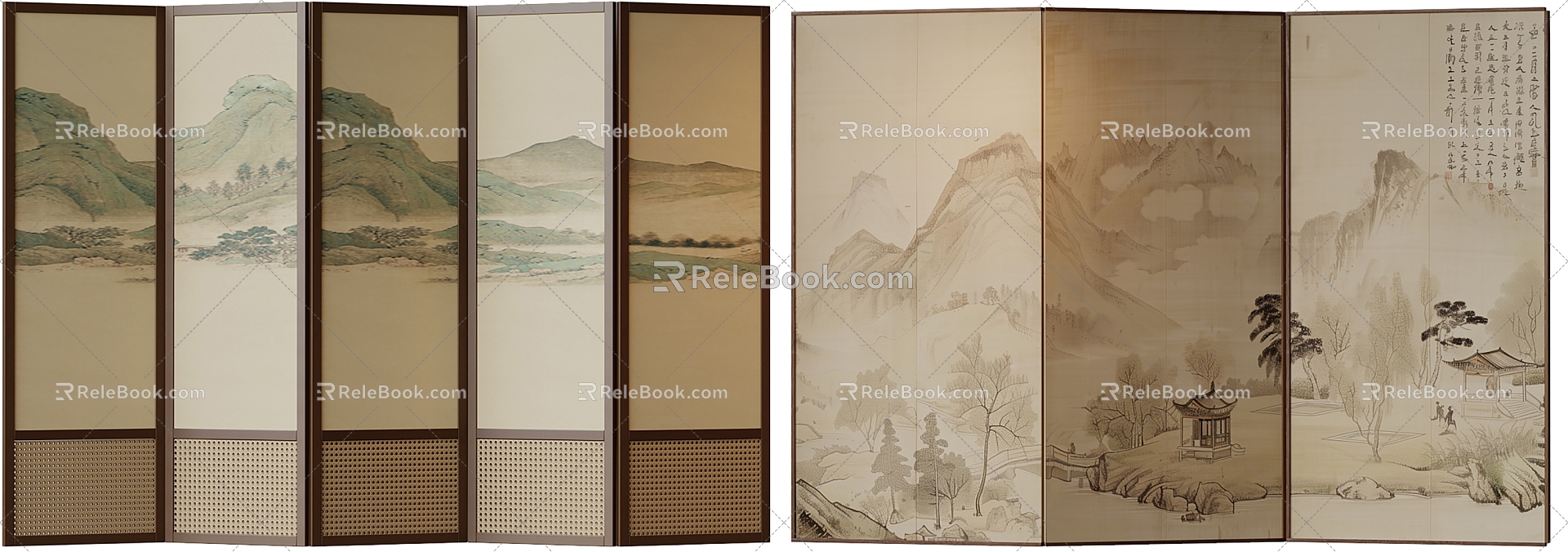 New Chinese Style Screen Partition Folding Screen Decorative Painting Wallpaper Silent Wind Screen Rattan Screen 3d model