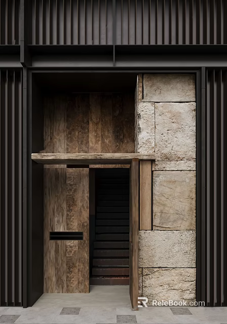 Modern Minimalist Doorway Facade With Stone Wall And Wooden Door Design 3d model 