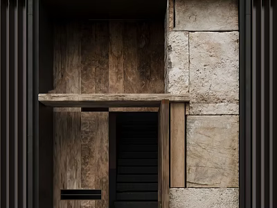 Modern Minimalist Doorway Facade With Stone Wall And Wooden Door Design 3d model