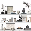 Modern Decorative Ornament Set With Ceramic Vases Geometric Frames And Metal Sculptures On Shelves