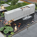 Courtyard Garden Design Featuring Waterfall Koi Fish Lily Pads And Stone Accents