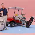 Golf Equipment Scene Featuring Man Child Red Cart PING TITLEIST Bags Scattered Balls