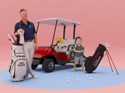 Golf Equipment Scene Featuring Man Child Red Cart PING TITLEIST Bags Scattered Balls 3d model
