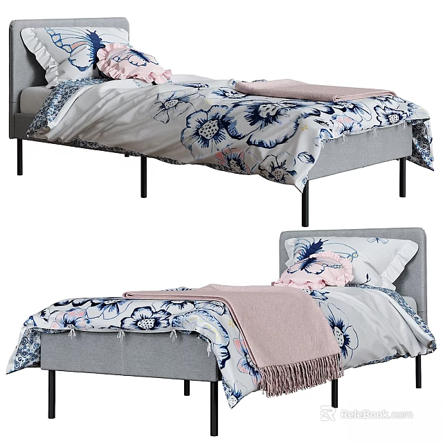 Sweet Children's Bed With Floral Bedspread Pink Fringed Blanket Grey Frame And Pillows 3d model 