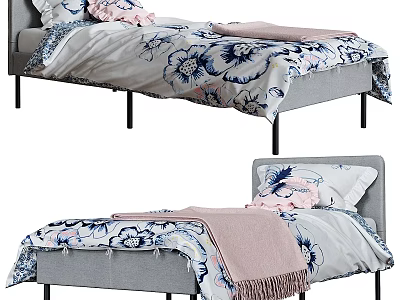 Sweet Children's Bed With Floral Bedspread Pink Fringed Blanket Grey Frame And Pillows 3d model