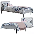 Sweet Children's Bed With Floral Bedspread Pink Fringed Blanket Grey Frame And Pillows