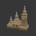 Scenic Traditional Wooden Architecture With Three Spires And Reflection On Dark Background