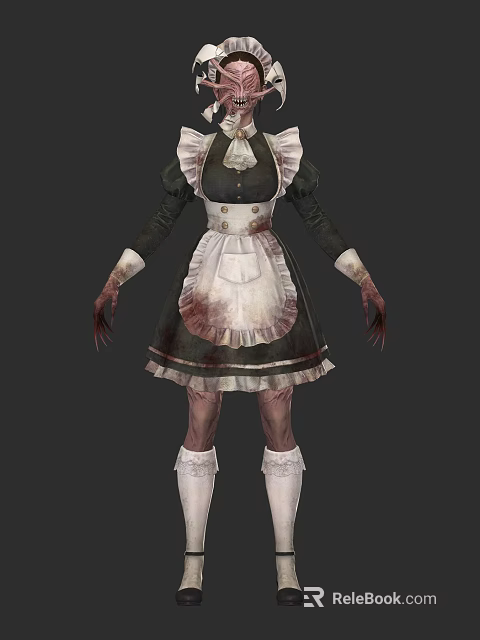 Woman in Gothic Maid Costume with Bloodstains and Clawed Hands 3d model 