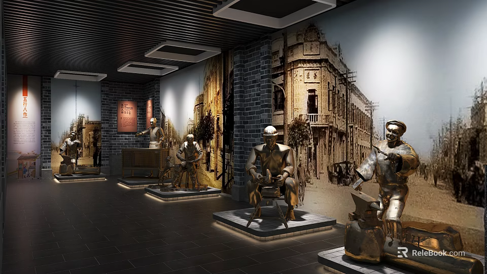 Cultural Center Interior Exhibition With Vintage Building Murals and Traditional Figure Sculptures in Display Area 3d model 