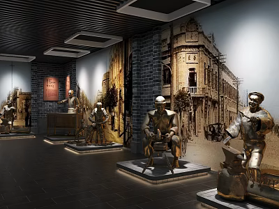 Cultural Center Interior Exhibition With Vintage Building Murals and Traditional Figure Sculptures in Display Area 3d model