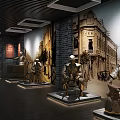 Cultural Center Interior Exhibition With Vintage Building Murals and Traditional Figure Sculptures in Display Area