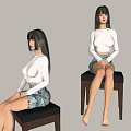 Women in White Top and Floral Skirt Sitting on Chairs Against Light Colored Wall