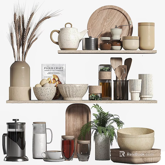 Stylish Tableware Set On Shelves With Ceramic Teapot Wooden Bowls Spoons And Decorative Jars 3d model 