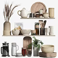 Stylish Tableware Set On Shelves With Ceramic Teapot Wooden Bowls Spoons And Decorative Jars