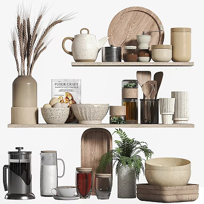 Stylish Tableware Set On Shelves With Ceramic Teapot Wooden Bowls Spoons And Decorative Jars 3d model