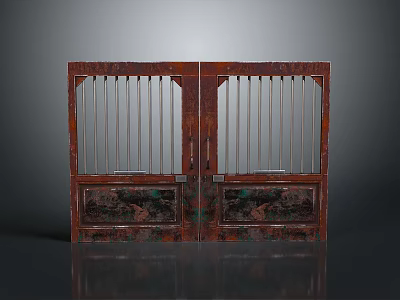 Traditional Double Wooden Gates With Vertical Iron Bars And Carved Panels 3d model