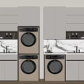 Modern Laundry Room With Stacked Washing Machines Dryers And Marble Countertops