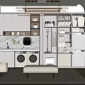 Modern Laundry Room Interior With Washing Machines Storage Cabinets And Open Shelves