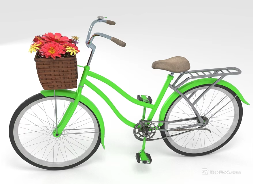 Green Bicycle With Front Basket Red Yellow Flowers Brown Seat Training Wheels 3d model 