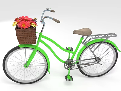 Green Bicycle With Front Basket Red Yellow Flowers Brown Seat Training Wheels 3d model