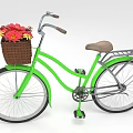 Green Bicycle With Front Basket Red Yellow Flowers Brown Seat Training Wheels