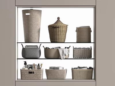 Woven Storage Baskets in Various Styles on Shelves for Organizing with Natural Tones 3d model