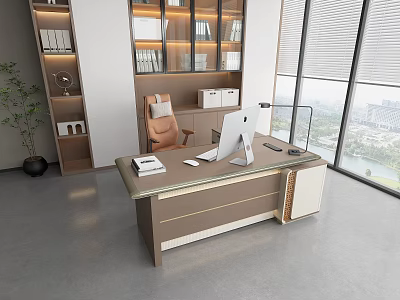 Modern Office Desk With Computer Chair Bookshelf And Large Window View 3d model