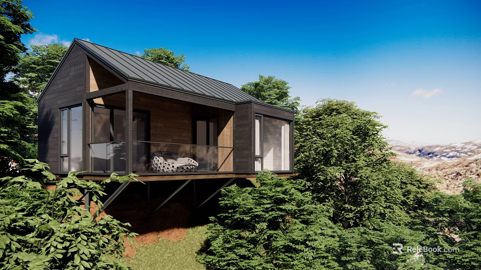 Modern Wooden Cabin With Black Roof Large Windows And Balcony Surrounded By Green Trees 3d model 