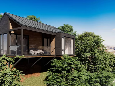 Modern Wooden Cabin With Black Roof Large Windows And Balcony Surrounded By Green Trees 3d model