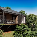 Modern Wooden Cabin With Black Roof Large Windows And Balcony Surrounded By Green Trees