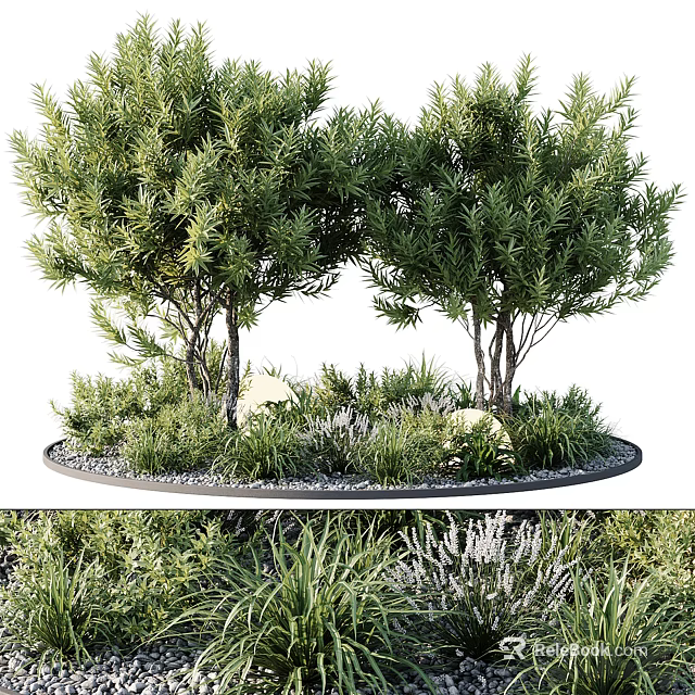 Bonsai Potted Plants Arrangement With Multiple Trees Circular Base And Decorative Pebbles 3d model