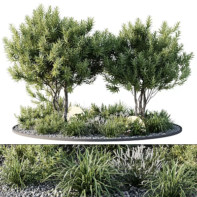 Bonsai Potted Plants Arrangement With Multiple Trees Circular Base And Decorative Pebbles 3d model