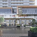 Modern Commercial Building Outdoor Leisure Area With Glass Facade Umbrellas Seating Greenery And Pedestrians