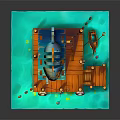 Cartoon Scene With Fish Shaped House Wooden Stairs Lifebuoy And Structure On Water