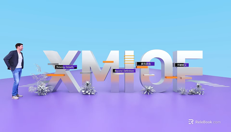 XMHOF 3D Letter Photo Check in Spot With Blue Purple Backdrop Decorative Plants And Signs 3d model 