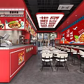 Red Decor Restaurant Interior With Menu Posters Tables And Signature Dishes