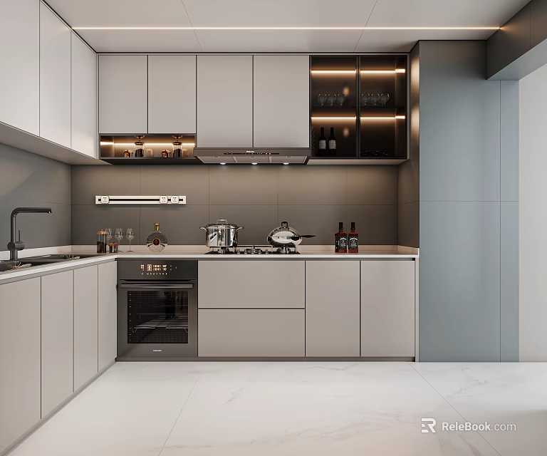 Modern Kitchen Interior With White Cabinets Gray Countertops Range Hood And Built In Appliances 3d model 
