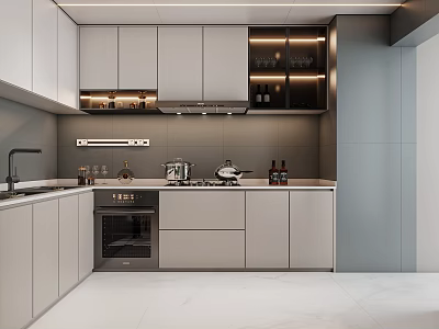 Modern Kitchen Interior With White Cabinets Gray Countertops Range Hood And Built In Appliances 3d model