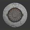 Vintage Circular Manhole Cover With Radial Pattern On Cracked Concrete Base